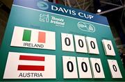 3 February 2024; A general view of the scoreboard before day one of the Davis Cup World Group I Play-off 1st Round match between Ireland and Austria at UL Sport Arena in Limerick. Photo by Brendan Moran/Sportsfile