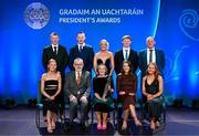 2 February 2024; Dermot Earley Family award recipients the Cahalanes’ of Cork, Castlehaven, Éire Óg & St Finbarrs GAA Clubs with Uachtarán Chumann Lúthchleas Gael Larry McCarthy during the Gradaim an Uachtaráin at Croke Park in Dublin. Photo by Stephen McCarthy/Sportsfile