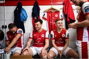 2 February 2024; Players, from left, Ryan McLaughlin, Jay McClelland and Brandon Kavanagh wait their turn during a St Patrick's Athletic squad portraits session at Richmond Park in Dublin. Photo by Stephen McCarthy/Sportsfile