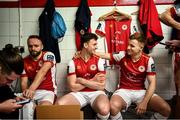 2 February 2024; Players, from left, Ruairi Keating, Ryan McLaughlin, Jay McClelland and Brandon Kavanagh wait their turn during a St Patrick's Athletic squad portraits session at Richmond Park in Dublin. Photo by Stephen McCarthy/Sportsfile