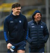 4 February 2024; David Clifford of Kerry, left, shares a joke with strength and conditioning coach Arthur Fitzgerald before the Allianz Football League Division 1 match between Monaghan and Kerry at St Tiernach's Park in Clones, Monaghan. Photo by Sam Barnes/Sportsfile
