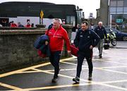 4 February 2024; Cork manager Pat Ryan, left, and Paul O'Sullivan, a member of the stats team, arrive for the Allianz Hurling League Division 1 Group A match between Clare and Cork at Cusack Park in Ennis, Clare. Photo by Ray McManus/Sportsfile