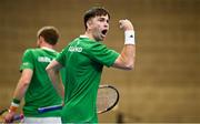 4 February 2024; Conor Gannon of Ireland celebrates winning a point against Alexander Erler and Lucas Miedler of Austria during their doubles match on day two of the Davis Cup World Group I Play-off 1st Round match between Ireland and Austria at UL Sport Arena in Limerick. Photo by Brendan Moran/Sportsfile