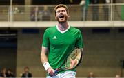 4 February 2024; David O'Hare of Ireland reacts during his doubles match against Alexander Erler and Lucas Miedler of Austria on day two of the Davis Cup World Group I Play-off 1st Round match between Ireland and Austria at UL Sport Arena in Limerick. Photo by Brendan Moran/Sportsfile