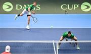 4 February 2024; David O'Hare, left, and Conor Gannon of Ireland in action against Alexander Erler and Lucas Miedler of Austria during their doubles match on day two of the Davis Cup World Group I Play-off 1st Round match between Ireland and Austria at UL Sport Arena in Limerick. Photo by Brendan Moran/Sportsfile