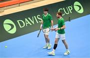 4 February 2024; David O'Hare, right, and Conor Gannon of Ireland during their doubles match against Alexander Erler and Lucas Miedler of Austria on day two of the Davis Cup World Group I Play-off 1st Round match between Ireland and Austria at UL Sport Arena in Limerick. Photo by Brendan Moran/Sportsfile