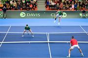 4 February 2024; David O'Hare, right, and Conor Gannon of Ireland in action against Alexander Erler of Austria during their doubles match on day two of the Davis Cup World Group I Play-off 1st Round match between Ireland and Austria at UL Sport Arena in Limerick. Photo by Brendan Moran/Sportsfile