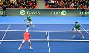 4 February 2024; David O'Hare, left, and Conor Gannon of Ireland in action against Lucas Miedler of Austria during their doubles match on day two of the Davis Cup World Group I Play-off 1st Round match between Ireland and Austria at UL Sport Arena in Limerick. Photo by Brendan Moran/Sportsfile