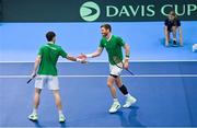 4 February 2024; David O'Hare, right, and Conor Gannon of Ireland during their doubles match against Alexander Erler and Lucas Miedler of Austria on day two of the Davis Cup World Group I Play-off 1st Round match between Ireland and Austria at UL Sport Arena in Limerick. Photo by Brendan Moran/Sportsfile