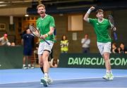 4 February 2024; David O'Hare, right, and Conor Gannon of Ireland celebrates winning a point during their doubles match against Alexander Erler and Lucas Miedler of Austria on day two of the Davis Cup World Group I Play-off 1st Round match between Ireland and Austria at UL Sport Arena in Limerick. Photo by Brendan Moran/Sportsfile