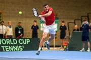 4 February 2024; Alexander Erler of Austria in action against David O'Hare and Conor Gannon of Ireland during his doubles match on day two of the Davis Cup World Group I Play-off 1st Round match between Ireland and Austria at UL Sport Arena in Limerick. Photo by Brendan Moran/Sportsfile