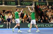 4 February 2024; Conor Gannon, right, and David O'Hare of Ireland celebrate winning a point against Alexander Erler and Lucas Miedler of Austria during their doubles match on day two of the Davis Cup World Group I Play-off 1st Round match between Ireland and Austria at UL Sport Arena in Limerick. Photo by Brendan Moran/Sportsfile
