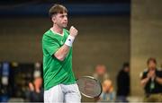 4 February 2024; Conor Gannon of Ireland celebrates winning a point against Alexander Erler and Lucas Miedler of Austria during their doubles match on day two of the Davis Cup World Group I Play-off 1st Round match between Ireland and Austria at UL Sport Arena in Limerick. Photo by Brendan Moran/Sportsfile