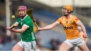 4 February 2024; Shane O'Brien of Limerick in action against Niall O'Connor of Antrim during the Allianz Hurling League Division 1 Group B match between Limerick and Antrim at FBD Semple Stadium in Thurles, Tipperary. Photo by Tom Beary/Sportsfile