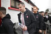 4 February 2024; Emmett Bradley, left, and Conor Glass of Derry arrive before the Allianz Football League Division 1 match between Derry and Tyrone at Celtic Park in Derry. Photo by Ramsey Cardy/Sportsfile