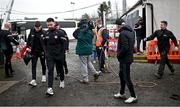 4 February 2024; Padraig Hampsey of Tyrone walks past Derry manager Mickey Harte on arrival to the Allianz Football League Division 1 match between Derry and Tyrone at Celtic Park in Derry. Photo by Ramsey Cardy/Sportsfile