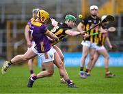 4 February 2024; Conor Hearne of Wexford is blocked down by Martin Keoghan of Kilkenny during the Allianz Hurling League Division 1 Group A match between Kilkenny and Wexford at UPMC Nowlan Park in Kilkenny. Photo by Piaras Ó Mídheach/Sportsfile