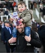 04 February 2024; Racegoer Seb Daly with his son Senan from Glasnevin, Dublin during day two of the Dublin Racing Festival at Leopardstown Racecourse in Dublin. Photo by David Fitzgerald/Sportsfile