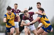 4 February 2024; Johnny McGrath of Galway in action against Daire Cregg of Roscommon during the Allianz Football League Division 1 match between Roscommon and Galway at Dr Hyde Park in Roscommon. Photo by Daire Brennan/Sportsfile