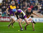 4 February 2024; Wexford goalkeeper Mark Fanning is tackled by Adrian Mullen of Kilkenny during the Allianz Hurling League Division 1 Group A match between Kilkenny and Wexford at UPMC Nowlan Park in Kilkenny. Photo by John Sheridan/Sportsfile