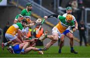 4 February 2024; Cillian Kiely of Offaly in action against Jack Prendergast of Waterford during the Allianz Hurling League Division 1 Group A match between Offaly and Waterford at Glenisk O'Connor Park in Tullamore, Offaly. Photo by Tyler Miller/Sportsfile