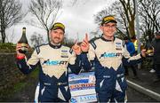 4 February 2024; Keith Cronin and Mikie Galvin with their Ford Fiesta Rally2 celebrate after winning the Corrib Oil Galway International Rally during Round 1 of the Irish Tarmac Rally Championship in Monivea, Galway. Photo by Philip Fitzpatrick/Sportsfile
