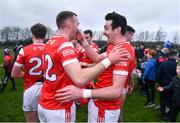 4 February 2024; Wayne Campbell, left, and Tommy Durnin of Louth celebrate after the Allianz Football League Division 2 match between Louth and Cork at DEFY Páirc Mhuire in Ardee, Louth. Photo by Ben McShane/Sportsfile