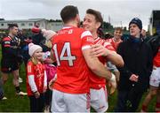 4 February 2024; Anthony Matthews of Louth, right, celebrates with teammate and captain Sam Mulroy after the Allianz Football League Division 2 match between Louth and Cork at DEFY Páirc Mhuire in Ardee, Louth. Photo by Ben McShane/Sportsfile