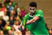 4 February 2024; Michael Agwi of Ireland in action against Lucas Miedler of Austria during their singles match on day two of the Davis Cup World Group I Play-off 1st Round match between Ireland and Austria at UL Sport Arena in Limerick. Photo by Brendan Moran/Sportsfile