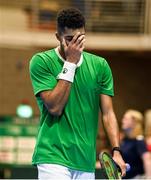 4 February 2024; Michael Agwi of Ireland reacts during his singles match against Lucas Miedler of Austria on day two of the Davis Cup World Group I Play-off 1st Round match between Ireland and Austria at UL Sport Arena in Limerick. Photo by Brendan Moran/Sportsfile