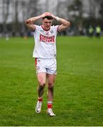4 February 2024; Daniel O'Mahony of Cork reacts after his side's defeat in the Allianz Football League Division 2 match between Louth and Cork at DEFY Páirc Mhuire in Ardee, Louth. Photo by Ben McShane/Sportsfile
