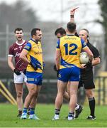 4 February 2024; Referee Conor Lane shows a red card to Donnie Smith of Roscommon during the Allianz Football League Division 1 match between Roscommon and Galway at Dr Hyde Park in Roscommon. Photo by Daire Brennan/Sportsfile