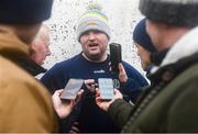 4 February 2024; Roscommon manager Davy Burke speaks with media after the Allianz Football League Division 1 match between Roscommon and Galway at Dr Hyde Park in Roscommon. Photo by Daire Brennan/Sportsfile