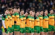 4 February 2024; Donegal players stand for the playing of the National Anthem before the Allianz Football League Division 2 match between Cavan and Donegal at Kingspan Breffni in Cavan. Photo by Stephen McCarthy/Sportsfile