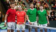 4 February 2024; Alexander Erler and Lucas Miedler of Austria, left, and David O'Hare and Conor Gannon of Ireland before their doubles match on day two of the Davis Cup World Group I Play-off 1st Round match between Ireland and Austria at UL Sport Arena in Limerick. Photo by Brendan Moran/Sportsfile