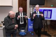 4 February 2024; Vice President of Leinster Rugby Declan Gardiner, right, draws Tullow, and President of Carlow Rugby Brendan Carbery, centre, draws Athy, with his father Dan Carbery, 3 time Provincial Towns Cup winner, during the Bank of Ireland Provincial Towns Cup Second Round Draw at County Carlow RFC in Carlow. Photo by Matt Browne/Sportsfile
