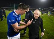 4 February 2024; Killian Brady of Cavan speaks with linesman Barry Cassidy after the Allianz Football League Division 2 match between Cavan and Donegal at Kingspan Breffni in Cavan. Photo by Stephen McCarthy/Sportsfile