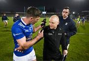 4 February 2024; Killian Brady of Cavan speaks with linesman Barry Cassidy after the Allianz Football League Division 2 match between Cavan and Donegal at Kingspan Breffni in Cavan. Photo by Stephen McCarthy/Sportsfile
