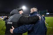 4 February 2024; Donegal manager Jim McGuinness and Cavan manager Raymond Galligan after the Allianz Football League Division 2 match between Cavan and Donegal at Kingspan Breffni in Cavan. Photo by Stephen McCarthy/Sportsfile