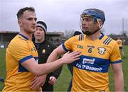 4 February 2024; Clare players, Darragh Lohan, left, and David McInerney, after the Allianz Hurling League Division 1 Group A match between Clare and Cork at Cusack Park in Ennis, Clare. Photo by Ray McManus/Sportsfile
