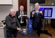 4 February 2024; Vice President of Leinster Rugby Declan Gardiner, right, draws Naas RFC, and President of Carlow Rugby Brendan Carbery, centre, draws Cill Dara RFC, with his father Dan Carbery, 3 time Provincial Towns Cup winner, during the Bank of Ireland Provincial Towns Cup Second Round Draw at County Carlow RFC in Carlow. Photo by Matt Browne/Sportsfile
