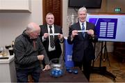 4 February 2024; Vice President of Leinster Rugby Declan Gardiner, right, draws Tullamore RFC, and President of Carlow Rugby Brendan Carbery, centre, draws Mullingar RFC, with his father Dan Carbery, 3 time Provincial Towns Cup winner, during the Bank of Ireland Provincial Towns Cup Second Round Draw at County Carlow RFC in Carlow. Photo by Matt Browne/Sportsfile
