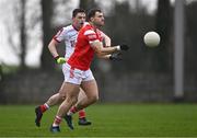 4 February 2024; Sam Mulroy of Louth and Eoghan McSweeney of Cork during the Allianz Football League Division 2 match between Louth and Cork at DEFY Páirc Mhuire in Ardee, Louth. Photo by Ben McShane/Sportsfile