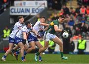 4 February 2024; Joe O'Connor of Kerry in action against, from left, Michael Hamill, Ryan Wylie and Joel Wilson of Monaghan during the Allianz Football League Division 1 match between Monaghan and Kerry at St Tiernach's Park in Clones, Monaghan. Photo by Sam Barnes/Sportsfile