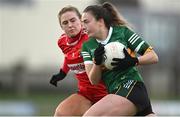 5 February 2024; Hannah O’Donoghue of Kerry in action against Libby Coppinger of Cork during the 2024 Lidl Ladies National Football League Division 1 Round 3 match between Kerry and Cork at Austin Stack Park in Tralee, Kerry. Photo by Brendan Moran/Sportsfile