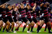 3 February 2024; Crusaders players perform the Haka before the international rugby friendly match between Munster and Crusaders at SuperValu Páirc Uí Chaoimh in Cork. Photo by Sam Barnes/Sportsfile