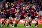 3 February 2024; Crusaders players perform the Haka before the international rugby friendly match between Munster and Crusaders at SuperValu Páirc Uí Chaoimh in Cork. Photo by Sam Barnes/Sportsfile