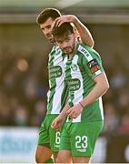 5 February 2024; Shane Griffin of Bray Wanderers, right, celebrates with teammate Guillermo Almirall after scoring their side's first goal during the PTSB Leinster Senior Cup match between Bray Wanderers and Shelbourne at Carlisle Grounds in Bray, Wicklow. Photo by Ben McShane/Sportsfile