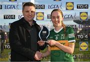 5 February 2024; Amy Harrington of Kerry is presented with the Player of the Match award by  Lidl Ireland sales operation manager Keith Hogan after the 2024 Lidl Ladies National Football League Division 1 Round match between Kerry and Cork at Austin Stack Park in Tralee, Kerry. Photo by Brendan Moran/Sportsfile