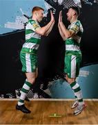 3 February 2024; Rory Gaffney, left, and Aaron Greene pose for a portrait during a Shamrock Rovers squad portraits session at Tallaght Stadium in Dublin. Photo by Stephen McCarthy/Sportsfile